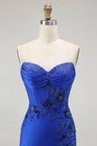 Sparkly Royal Blue Corset Mermaid Floral Maxi Prom Dress with Beading