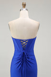 Sparkly Royal Blue Corset Mermaid Floral Maxi Prom Dress with Beading