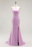Purple Mermaid Appliqued Corset Long Prom Dress with Slit