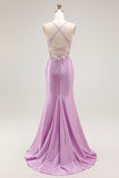 Purple Mermaid Appliqued Corset Long Prom Dress with Slit