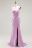 Purple Mermaid Appliqued Corset Long Prom Dress with Slit