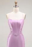 Purple Mermaid Appliqued Corset Long Prom Dress with Slit