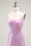 Purple Mermaid Appliqued Corset Long Prom Dress with Slit