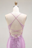 Purple Mermaid Appliqued Corset Long Prom Dress with Slit