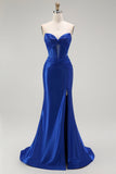 Sparkly Royal Blue Mermaid Corset Maxi Prom Dress with Beading