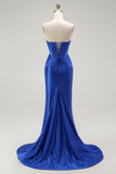 Sparkly Royal Blue Mermaid Corset Maxi Prom Dress with Beading