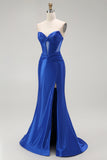 Sparkly Royal Blue Mermaid Corset Maxi Prom Dress with Beading