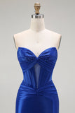 Sparkly Royal Blue Mermaid Corset Maxi Prom Dress with Beading