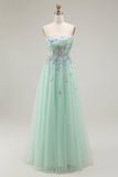 Green Strapless Floral A Line Long Prom Dress with Appliques