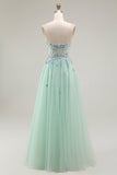 Green Strapless Floral A Line Long Prom Dress with Appliques
