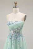 Green Strapless Floral A Line Long Prom Dress with Appliques