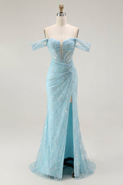 Sparkly Blue Mermaid Corset Off the Shoulder Long Prom Dress with Slit