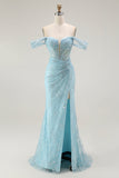 Sparkly Blue Mermaid Corset Off the Shoulder Long Prom Dress with Slit