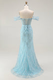 Sparkly Blue Mermaid Corset Off the Shoulder Long Prom Dress with Slit
