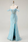 Sparkly Blue Mermaid Corset Off the Shoulder Long Prom Dress with Slit