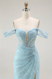 Sparkly Blue Mermaid Corset Off the Shoulder Long Prom Dress with Slit