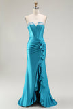 Sparkly Blue Strapless Mermaid Corset Long Prom Dress with Ruffles