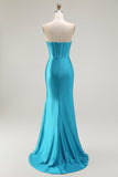 Sparkly Blue Strapless Mermaid Corset Long Prom Dress with Ruffles