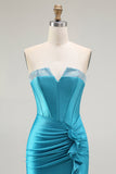 Sparkly Blue Strapless Mermaid Corset Long Prom Dress with Ruffles