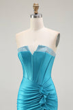Sparkly Blue Strapless Mermaid Corset Long Prom Dress with Ruffles