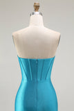 Sparkly Blue Strapless Mermaid Corset Long Prom Dress with Ruffles