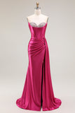 Sparkly Fuchsia Mermaid Corset Strapless Ruched Long Prom Dress