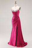 Sparkly Fuchsia Mermaid Corset Strapless Ruched Long Prom Dress