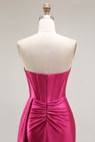 Sparkly Fuchsia Mermaid Corset Strapless Ruched Long Prom Dress