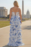 White Blue Flower A Line Corset Ruffled Long Prom Dress with Slit