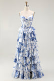 White Blue Flower A Line Corset Ruffled Long Prom Dress with Slit