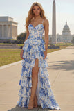 White Blue Flower A Line Corset Ruffled Long Prom Dress with Slit
