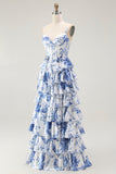 White Blue Flower A Line Corset Ruffled Long Prom Dress with Slit