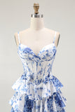 White Blue Flower A Line Corset Ruffled Long Prom Dress with Slit