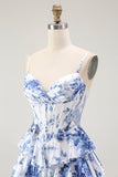 White Blue Flower A Line Corset Ruffled Long Prom Dress with Slit