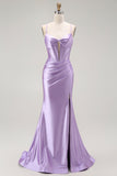 Sparkly Purple Corset Mermaid Spaghetti Straps Maxi Prom Dress with Slit