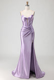 Sparkly Purple Maxi Beaded Corset Prom Dress with Slit
