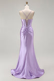 Sparkly Purple Corset Mermaid Spaghetti Straps Maxi Prom Dress with Slit