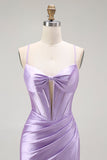 Sparkly Purple Corset Mermaid Spaghetti Straps Maxi Prom Dress with Slit