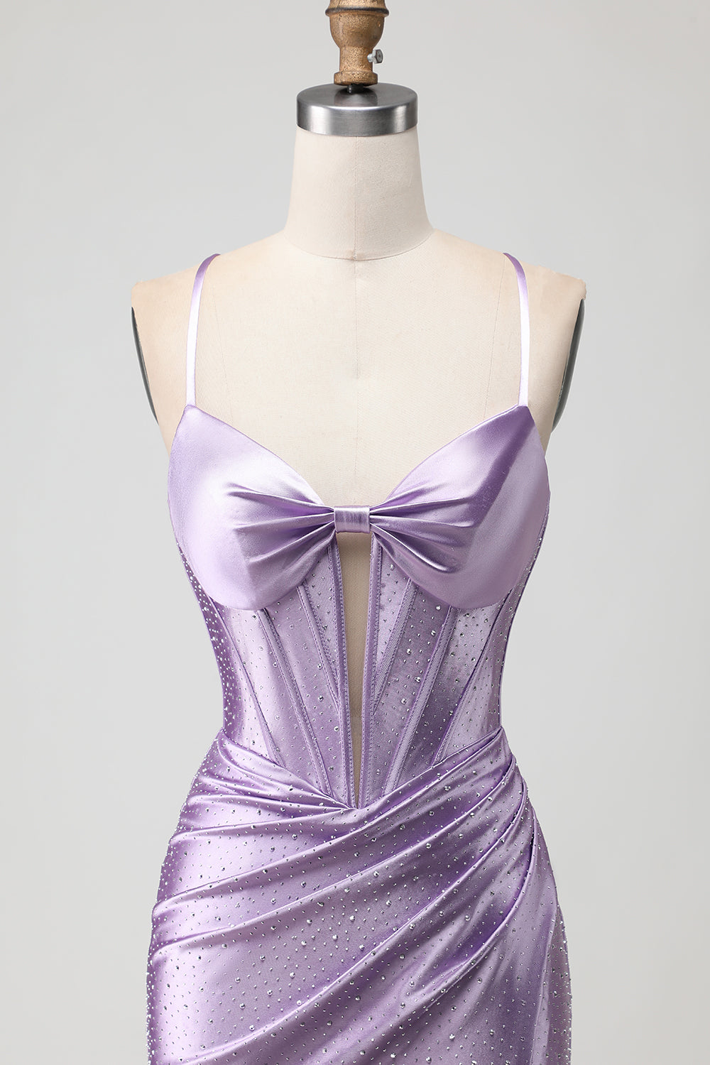 Leely Women Sparkly Purple Maxi Corset Prom Dress with Slit Spaghetti
