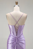 Sparkly Purple Corset Mermaid Spaghetti Straps Maxi Prom Dress with Slit