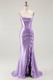 Purple Beaded Corset Mermaid Long Prom Dress with Slit