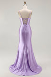 Purple Beaded Corset Mermaid Long Prom Dress with Slit