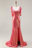 Sparkly Coral Mermaid Metallic Beaded Long Prom Dress with Slit