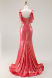 Sparkly Coral Mermaid Metallic Beaded Long Prom Dress with Slit