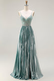 Sparkly Grey Green A Line Metallic Corset Long Prom Dress with Slit