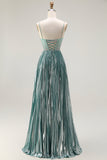 Sparkly Grey Green A Line Metallic Corset Long Prom Dress with Slit
