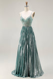 Sparkly Grey Green A Line Metallic Corset Long Prom Dress with Slit