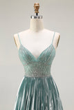 Sparkly Grey Green A Line Metallic Corset Long Prom Dress with Slit