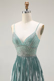Sparkly Grey Green A Line Metallic Corset Long Prom Dress with Slit