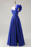 Royal Blue Corset One Shoulder Maxi Prom Dress with Slit